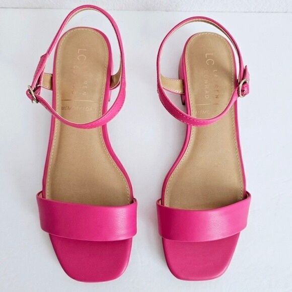 New! Faux Leather Barbie Pink Block Heel Square Toe Sandals - Picture 2 of 8